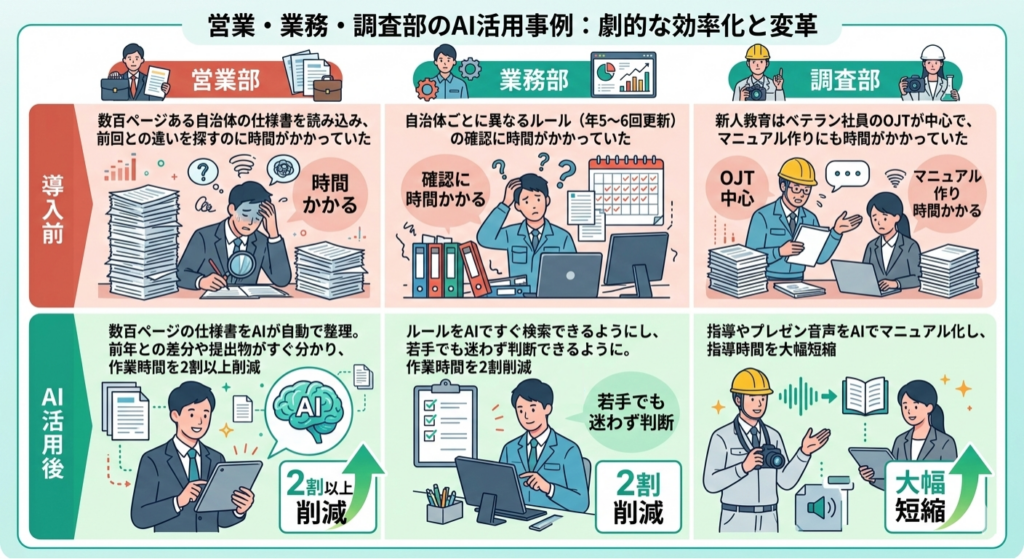 営業部・業務部・調査部の3つの部署の事例