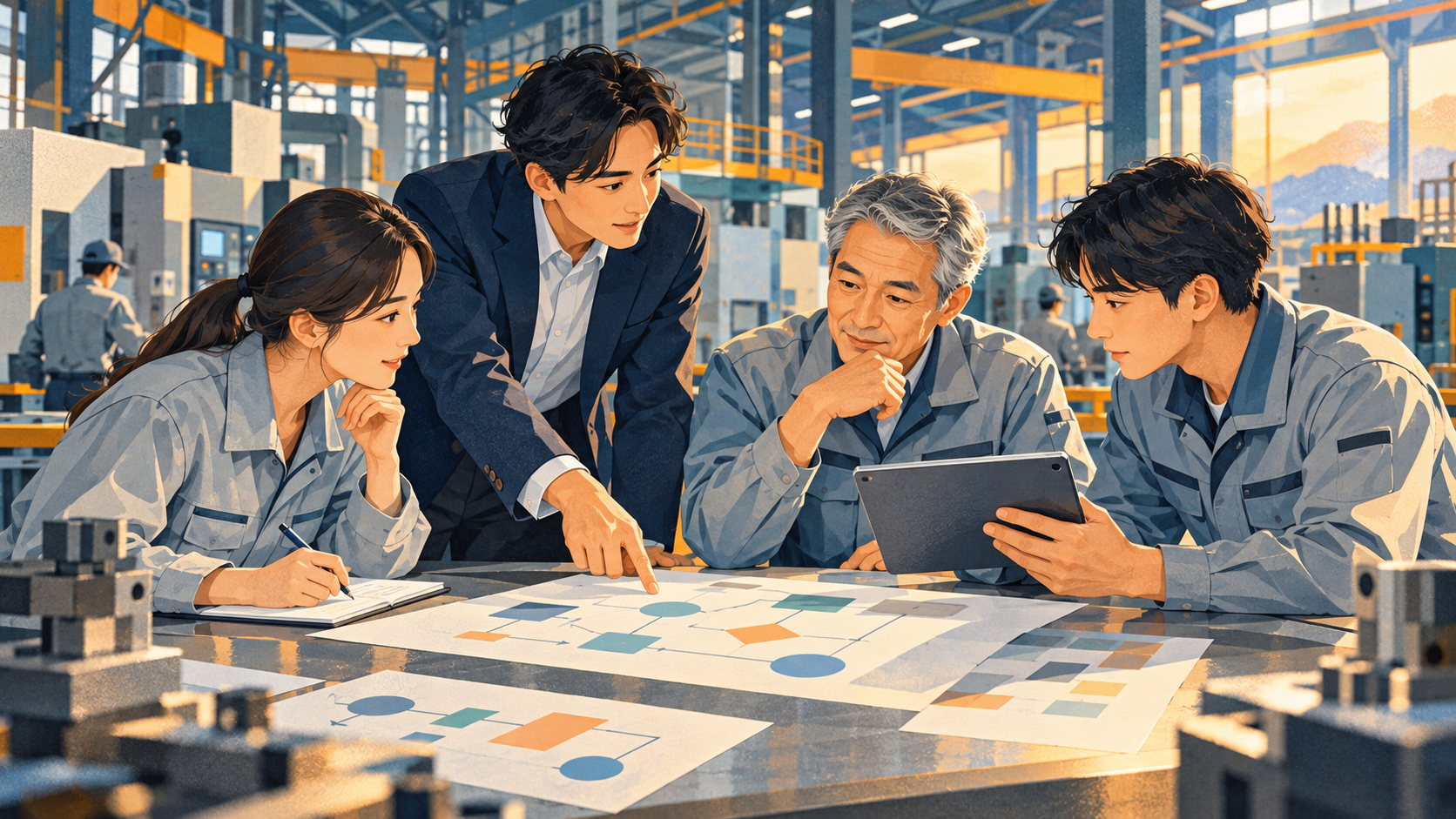 工場でベテラン社員と若手社員、コンサルタントが業務フローとタブレットを確認するイラスト